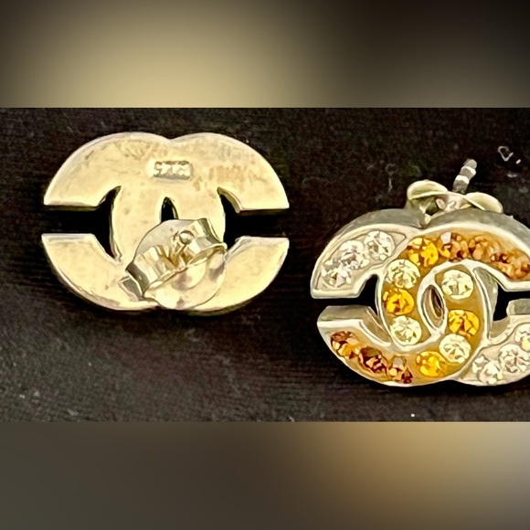 Sterling Silver Linked C’s Earrings Clear, Gold, Copper Rhinestone Crystals Gift - Picture 3 of 12